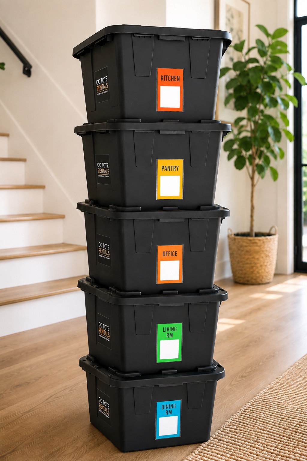 Reusable OC Tote Rentals moving tote with a ToteKey room tag