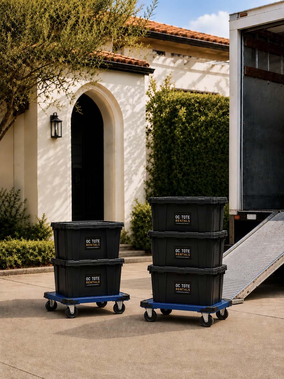 Reusable OC Tote Rentals moving totes prepared for an organized Orange County move
